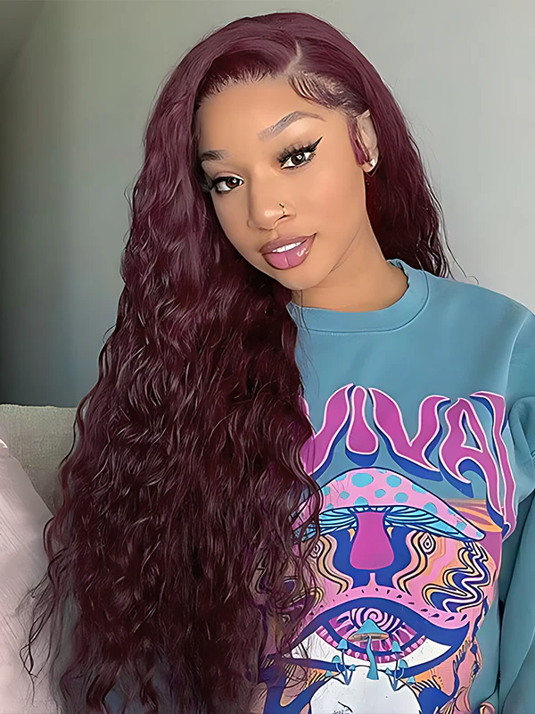 EINbeauty 99J Burgundy Color Water Wave Lace Closure Wig High Density