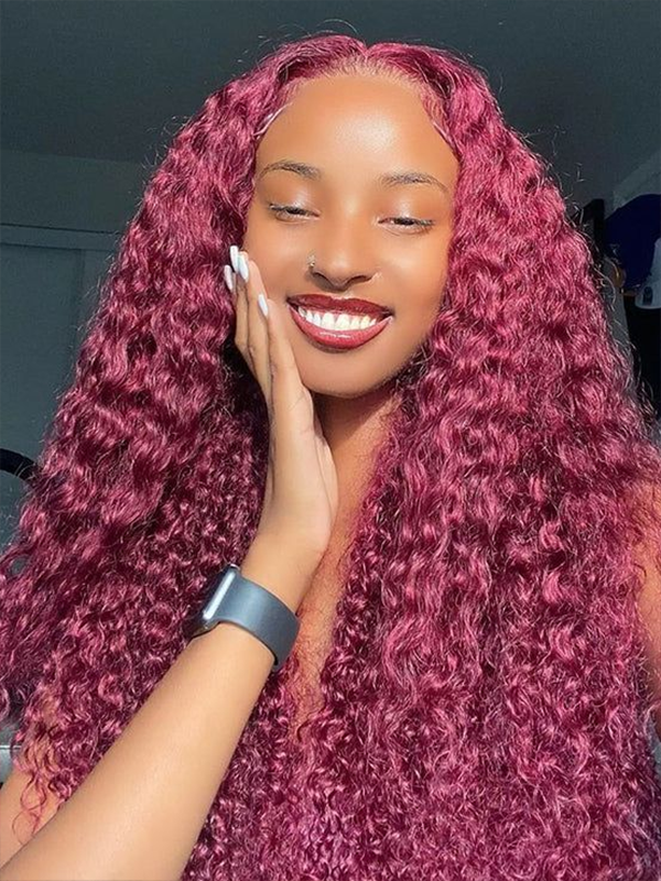 EINbeauty Burgundy Color Water Wave Lace Human Vigin Wig Pre-plucked