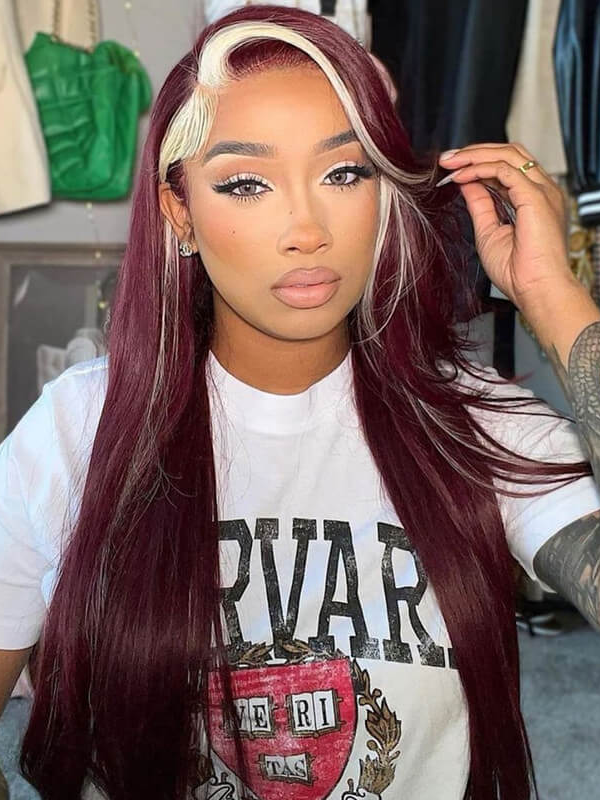 EINbeauty Burgundy With Blonde Skunk Stripe Highlight Body Wave Lace Human Hair