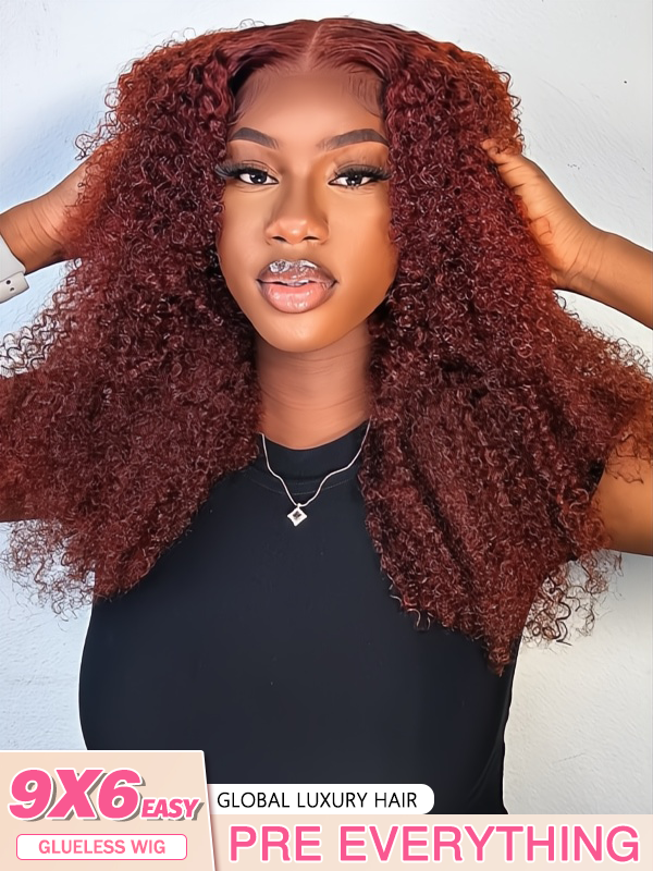 EINbeauty Glue Bye Auburn Brown Pre-plucked Kinky Curly 9x6 HD Lace Closure Wigs